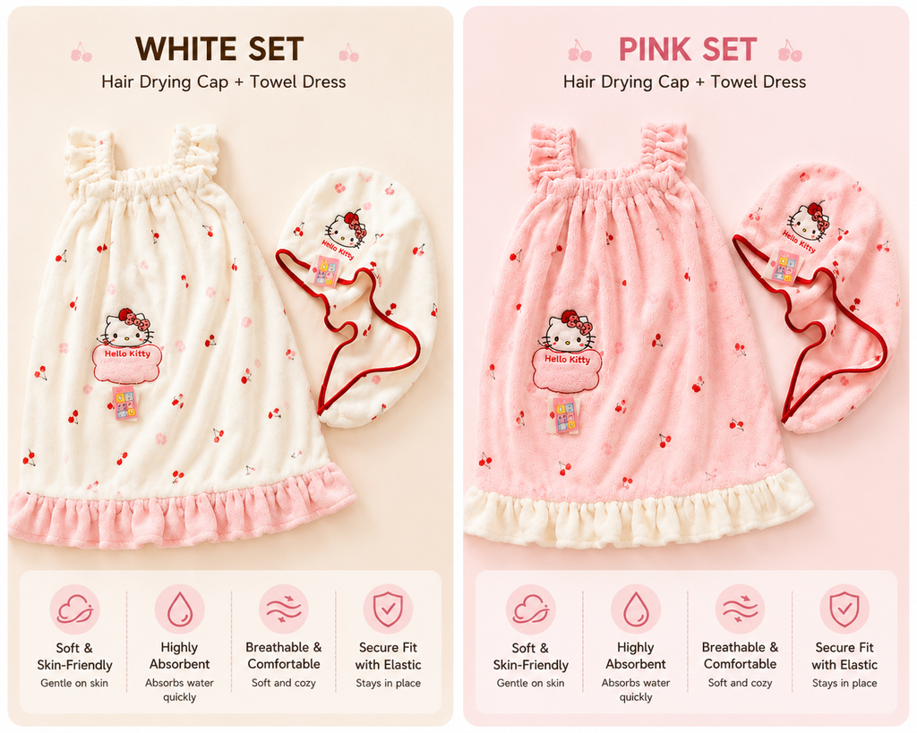 Hello kitty towel dress and hair drying cap set