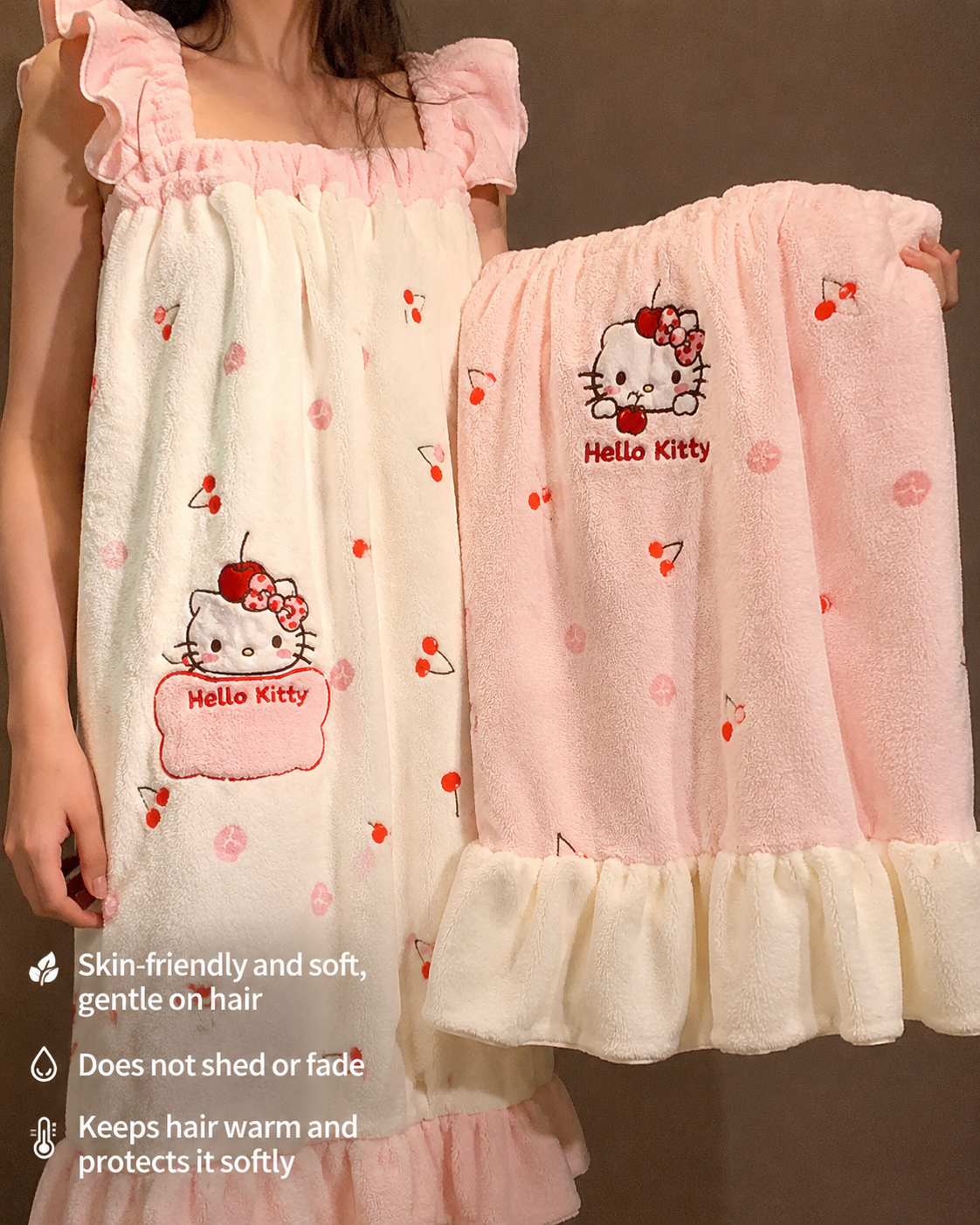 Hello kitty towel dress and hair drying cap set