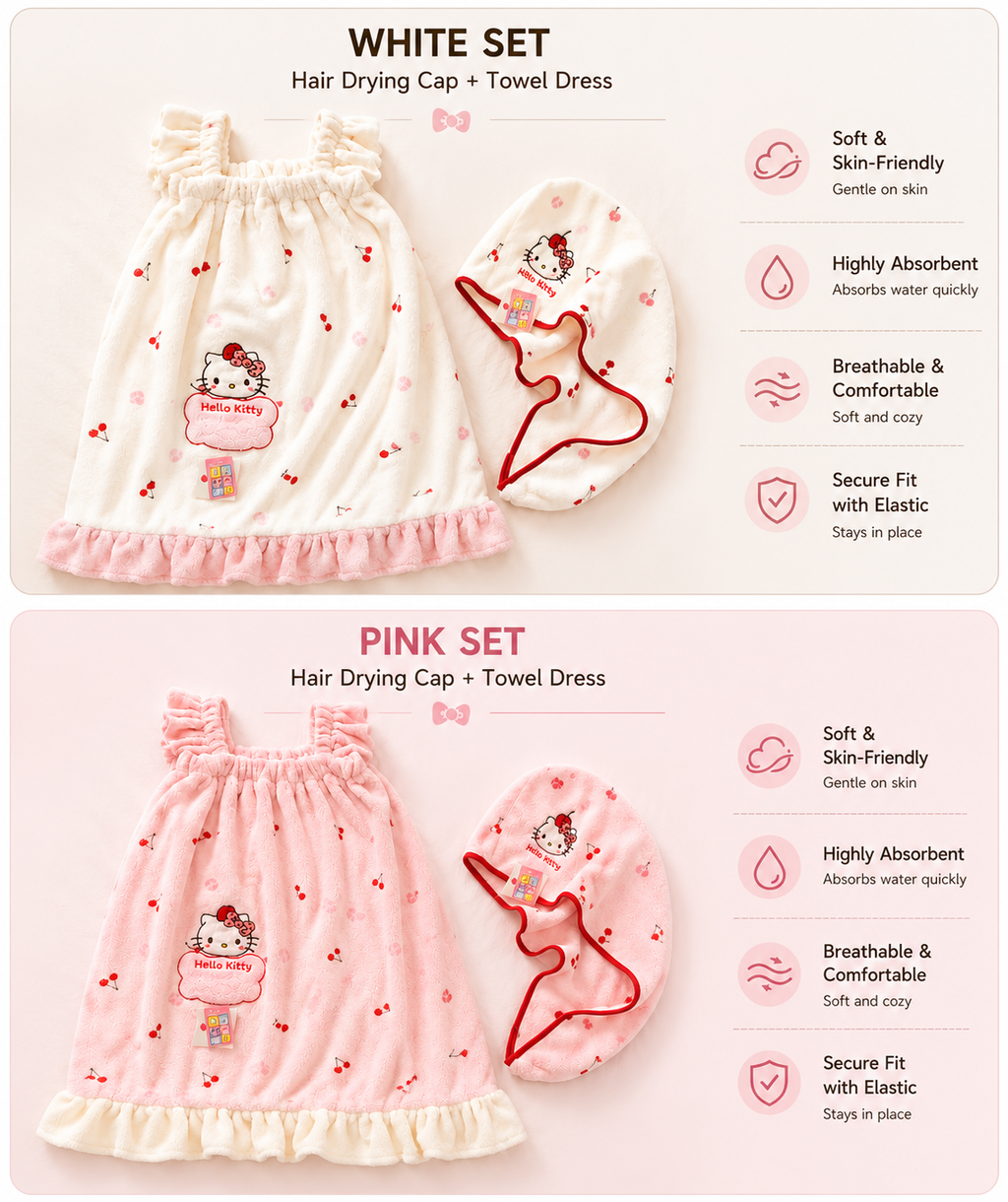 Hello kitty towel dress and hair drying cap set